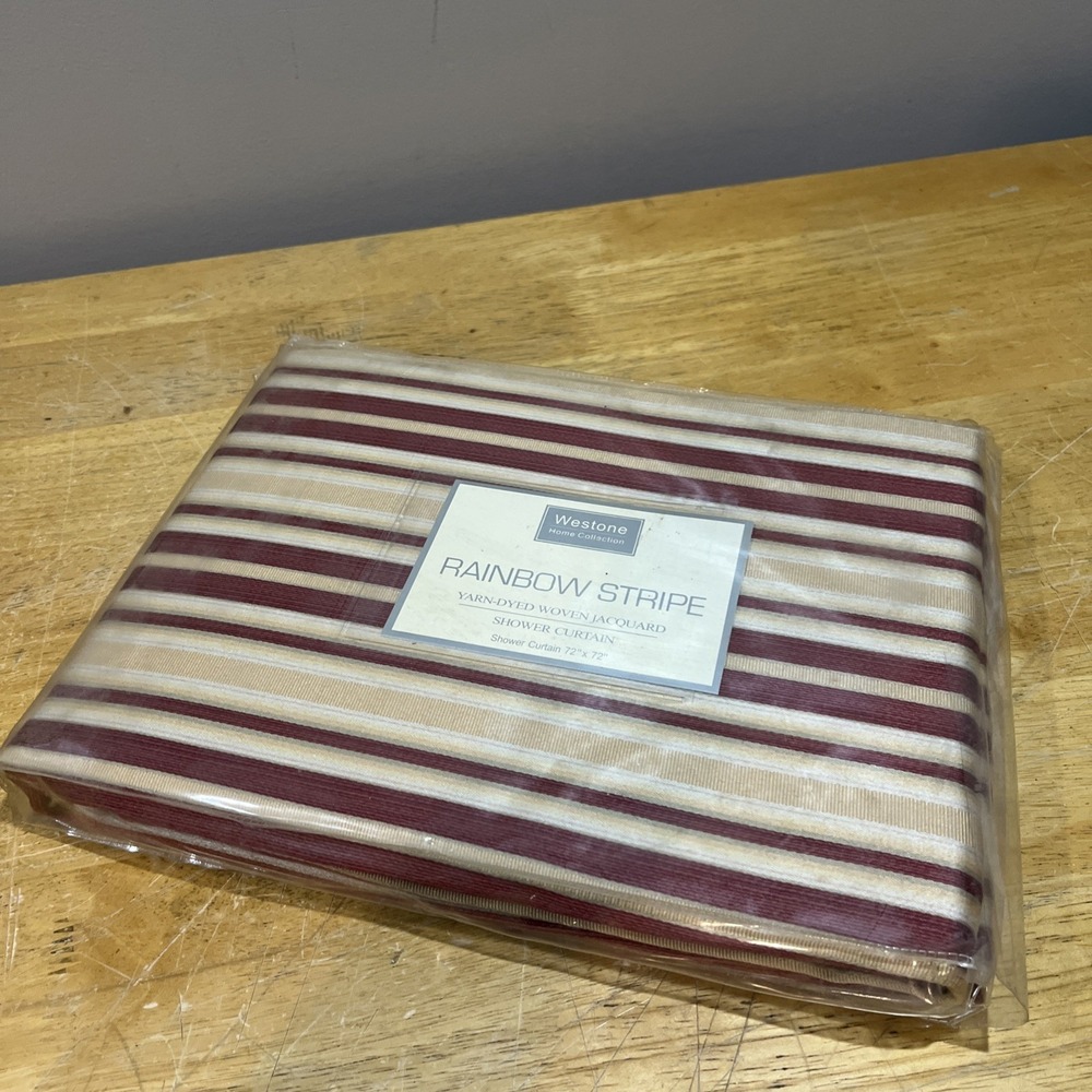 Vtg Westone Red Gold Striped Fabric Shower Curtain  72x72" Dyed Yarn Romance